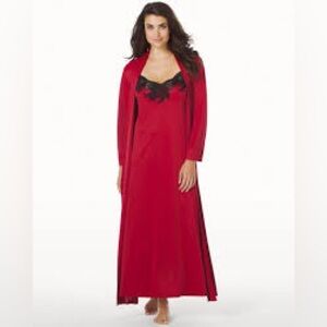 Elegant Red Nightgown and Robe with Black Lace